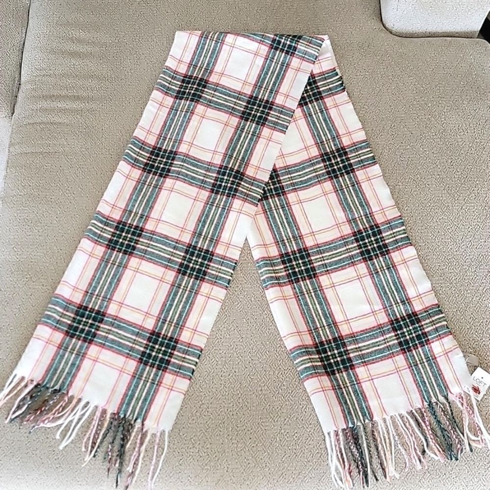 LOFT Outlet Plaid Cream Green Red Pink Fringe Hem Winter Scarf